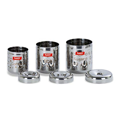 Image 6 of Sumeet Stainless steel Laser printed Tea; Cofee; Sugar Canisters Set of 3 (Capacity - Coffee - 300 ml; Tea 500 ml; Sugar 650ml), Silver
