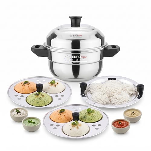 Image 1 of Default Title for the product Eurostyle Premium Stainless Steel Idli, Idiyappam & Dhokla Steamer - ISI Mark Certified - (2Idli plates(6 idlis)  Steamer) for Flawless Fluffy Idlis - 1.5L capacity - 3Years warranty (Stainless Steel) - Royal 6 Deluxe