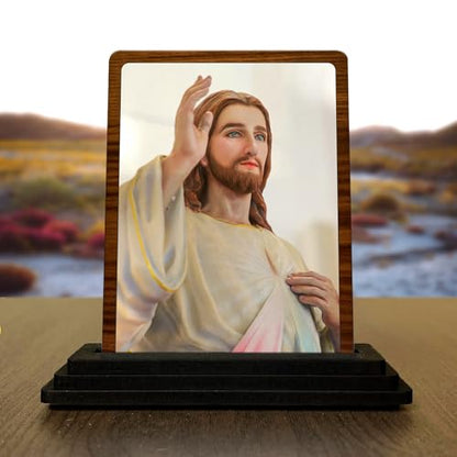 Image 1 of Default Title for the product Lord Jesus Christ Wooden Statue (7.5 x 10 cm) - Ideal Spiritual Gift for New Car, Housewarming & Christmas – Compact Sacred Jesus Showpiece for Home Temple & Office Desk