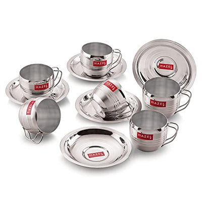 Image 1 of 12 / 6 pcs Cup (170 ML) and 6 pcs Saucer for the product HAZEL Stainless Steel Cup & Saucer Set of 6 | 170 ml Unbreakable Tea/Coffee Cups & Saucers | Stainless Steel Mugs & Saucer Set
