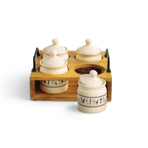 Image 2 of ExclusiveLane Art Of Warli Ceramic Pickle Jars with Wooden Holder Set of 4, 280 ml