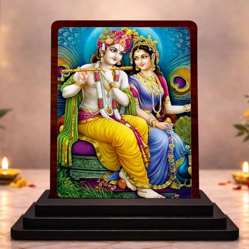 Image 1 of Default Title for the product Radha Krishna Spiritual Art Wooden Idol 4x5 Inch HD Printed Table Decor for Home Temple