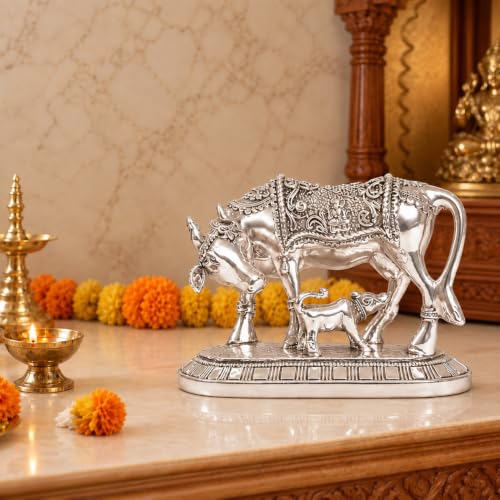Image 1 of Default Title for the product elaris 999 Pure Silver Plated Kamdhenu Cow Idol Showpiece – 4.9 Inch, Silver Plated
