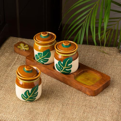 Image 3 of EL-005-1140 for the product ExclusiveLane Shades of a Leaf Ceramic Pickle Jars with Iron Holder