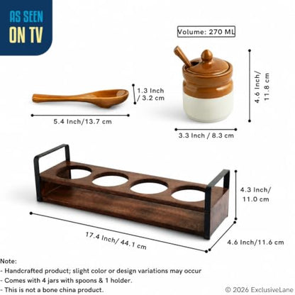 Image 7 of ExclusiveLane Barni Tales Ceramic Pickle Jars with Spoon & Wooden Holder Set of 4 270 ml
