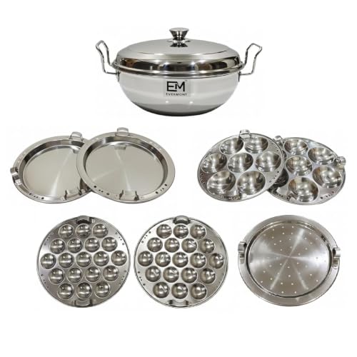 Image 1 of Default Title for the product EVERMONT Stainless Steel Multi-Purpose Idli Maker & Steamer for Kitchen | 7 Plates (2 Idli, 2 Mini Idli, 2 Dhokla, 1 Steamer) | Induction & Gas Compatible Multi Kadai | Steamer for Momos, Modak & Vegetables | Heavy Bottom SS 304