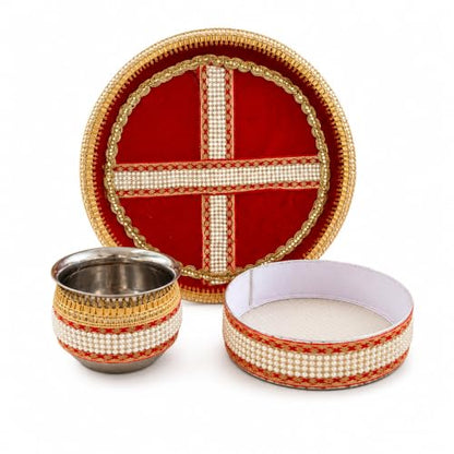 Image 1 of Default Title for the product Pure Source India Handmade White Bead Embellished Karwa Chauth Pooja Thali Set, Steel Channi (Sieve), Karwa Lota
