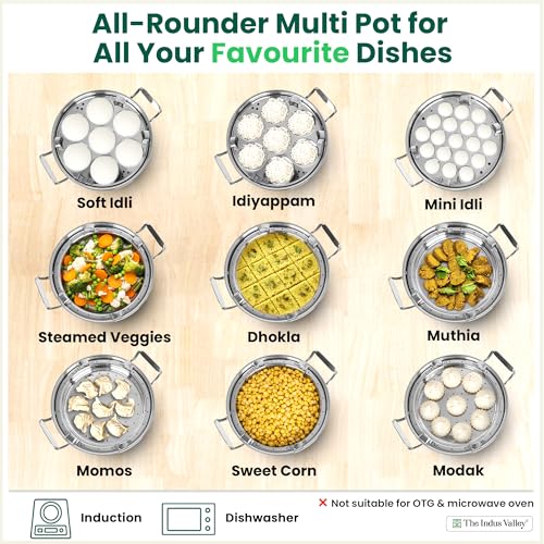 Image 3 of The Indus Valley Triply Stainless Steel Idli Maker/Multi Kadai | 6 Plates, 2 Idli | 1 Mini Idli | 2 Dhokla | 1 Steamer | Momo Maker/Steamer Set | 27cm/10.6 inch, 5Ltr, 3.7kg | 3-Layer Body | Induction Friendly