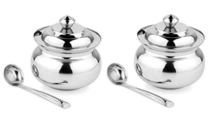 Image 1 of 2 for the product KC Stainless Steel Multipurpose Ghee Pot, Pickle Container - 300 ml with Spoon Set of 2