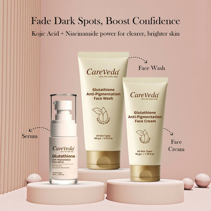 Image 3 of CareVeda Glutathione Skin Care Set of 3 | Face Cream & Face Wash, Face Serum for Bright, Even-Toned Skin | Anti-Pigmentation & Glow Boost | For Men & Women