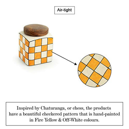 Image 4 of ExclusiveLane Shatranj Check Handpainted Multipurpose Storage Ceramic Jars & Containers with Wooden Lid Set of 2 240 ML