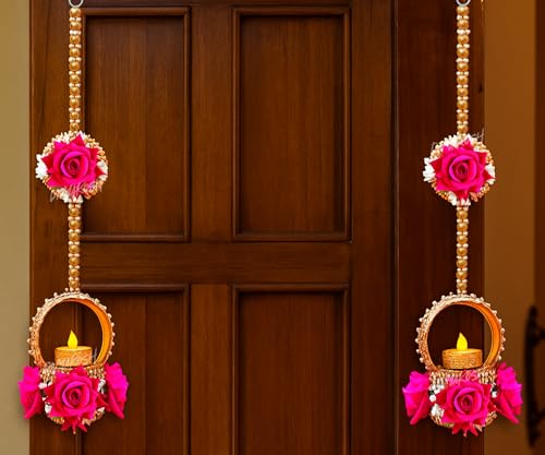 Image 5 of Divyakosh Hanging Pink Rose Flower with Brass Diya/Tealight Holder with LED T- Light, Set of 2, Size 22 Inch - Diwali Decoration, Latkan Tealight Holder, Candle Light Holder, Wall Decoration