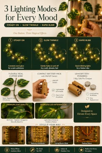 Image 4 of Divyakosh Artificial Money Plant Creepers (Pack of 4) with Warm White LED Lights (Pre-Assembled), Artificial Plants for Home Decor, Living Room, Hanging Plants, Fake Plants, Green Leaf Decoration