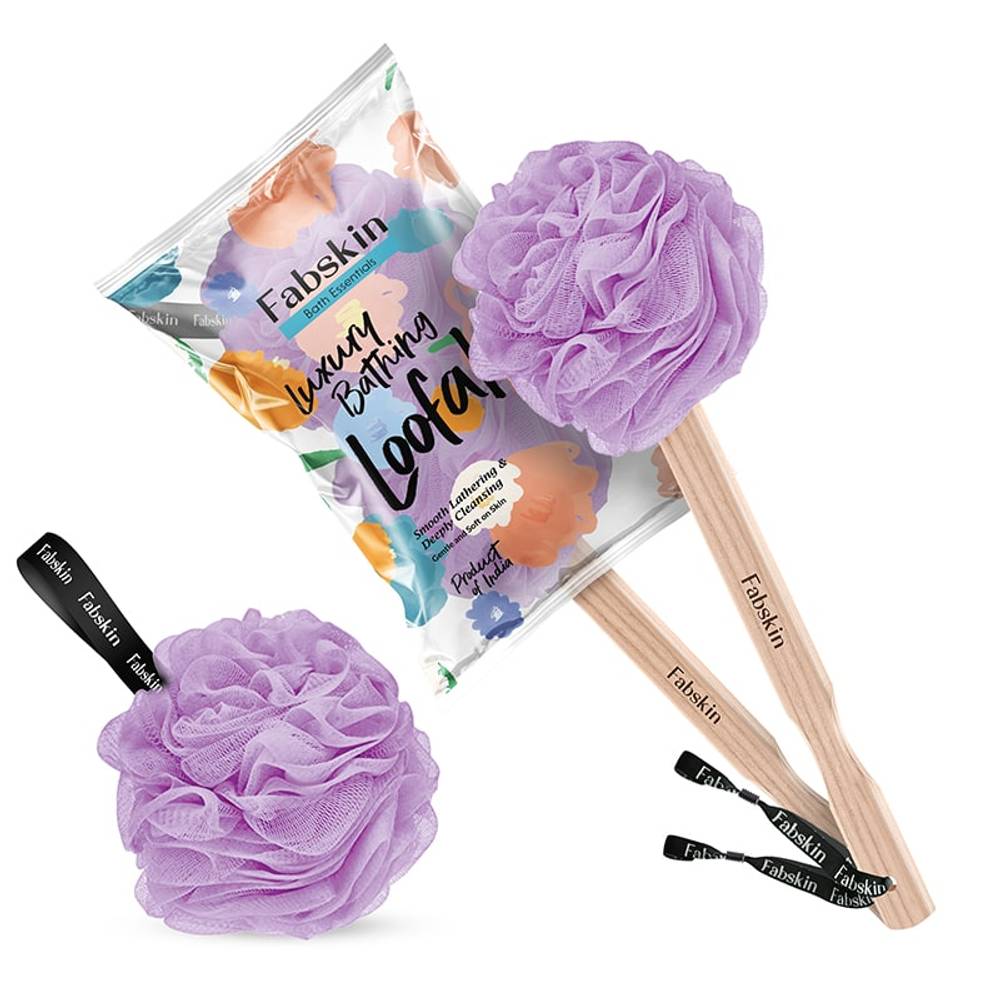 Image 1 of Set Of 2 / Pack of 1 for the product Fabskin Loofah Duo Pack - Bath Brush With Wooden Handle & Round Loofah - For Men & Women-Purple