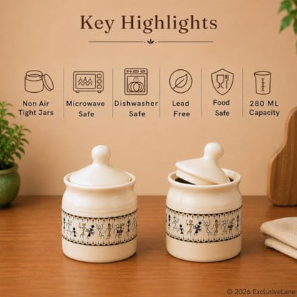 Image 5 of ExclusiveLane Art Of Warli Ceramic Pickle Jars for Dining Table (Set of 2, 280 ml)