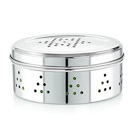 Image 1 of 550 ml for the product neelam Stainless Steel Coriander Dabbas with Air Ventilation