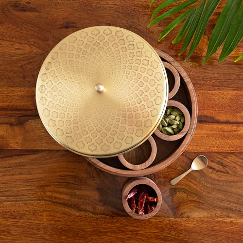 Image 1 of Default Title for the product ExclusiveLane Mughal Brass & Wooden Spice Box with Spoon 7 Containers 48 gram