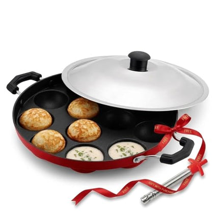 Image 1 of Default Title for the product SJE WARE Non-Stick Aluminium Appam Patra 12 Cavity with Lighter, Red