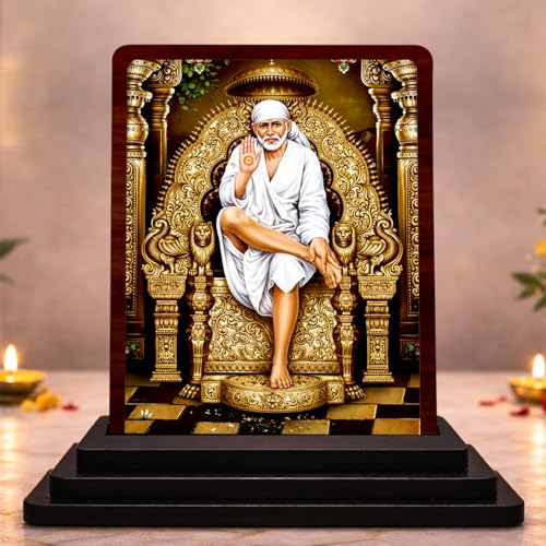 Image 1 of Default Title for the product Sai Baba Small Wooden Idol 4x5 Inch Calm Energy HD Printed Home Decor