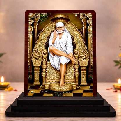 Image 1 of Default Title for the product Sai Baba Small Wooden Idol 4x5 Inch Calm Energy HD Printed Home Decor