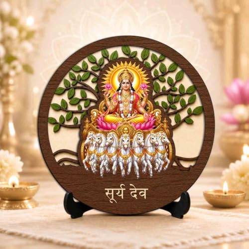 Image 2 of Surya Dev Premium Wooden God Idol for Indoor Temple, Living Room Shelf, Work Desk & Puja Decor - 5x5 Inch