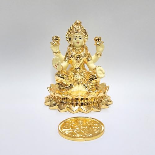 Image 7 of Gold Art India Laxmi Idol on Kamal Gold Plated with Off White Terracotta Work with Gold Plated Coin