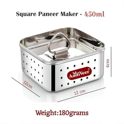Image 3 of AadiVeer Stainless Steel Paneer Maker | Tofu Maker Square Mould, Paneer Press With Lid | Whey Seperator | Small Size - 300ml