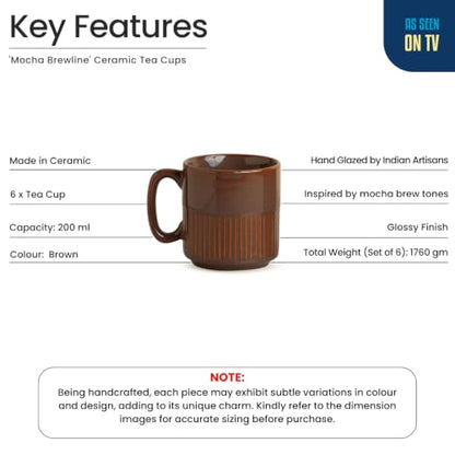Image 4 of ExclusiveLane Mocha Brewline Ceramic Tea Cups Set of 6 (220 ml)