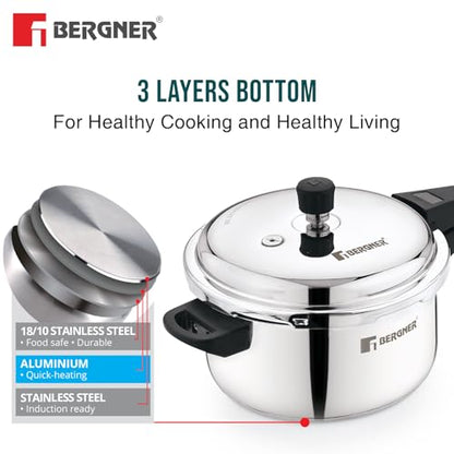 Image 3 of BERGNER Sorrento Stainless Steel Outer Lid Pressure Cooker Combo - 5 Liters Cooker, 2 Litres and 3 Litres Cooker with a Common Lid