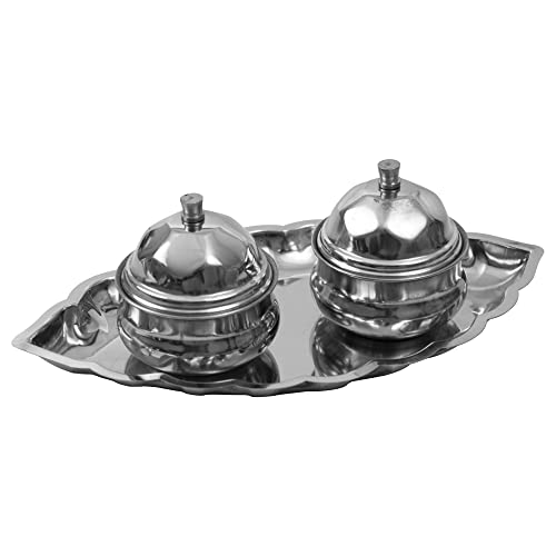 Image 2 of Spillbox Traditional Handcrafted Stainless Steel Thali kumkum Holder Stand Plate for Pooja/Puja Worship Oval 2 Bowl-Small Leaf- Silver