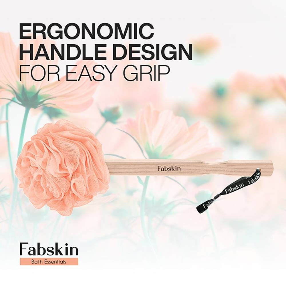 Image 3 of Fabskin Loofah Duo Pack - Bath Brush With Wooden Handle & Round Loofah - For Men & Women-Peach