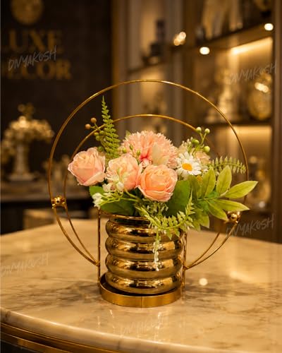 Image 5 of Divyakosh Artificial Flower Vase, Metal Golden Ring with Pre Fixed Flowers, Gift Item, Showpiece | Home Decoration Items for Living Room | Aesthetic Home Decor, Vase for Home Decor'