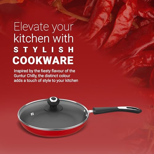 Image 4 of Preethi Dura Collection Non Stick Fry Pan, 26 cm, with Glass Lid, Gas & Induction Compatible, 5 Star Non Stick Effect, Chilly Red