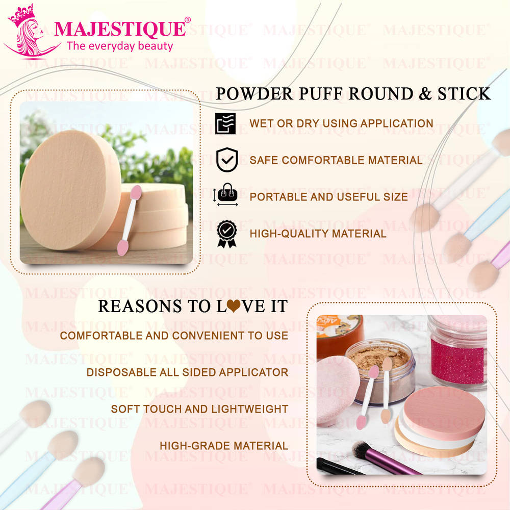 Image 4 of Majestique Large Round Powder Puffs With Cosmetic Sticks, Washable Large Face Body - Color May Vary