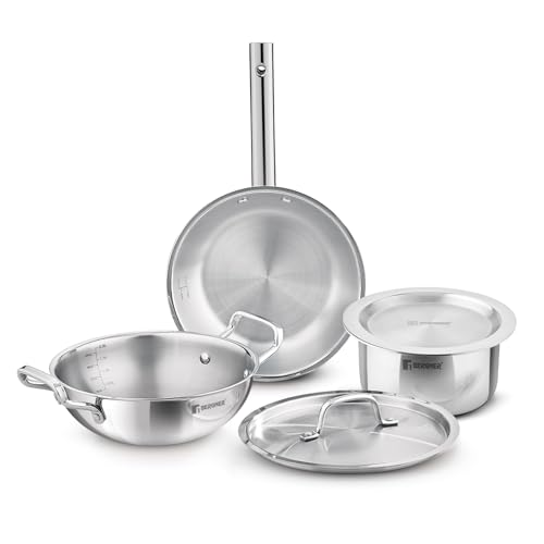 Image 1 of Default Title for the product BERGNER Bergner Tripro Triply Cookware Set 5 Pcs - 22cm (2.3L) Kadai with Lid, 22cm Frypan, 16cm (1.8L) Tope with Lid