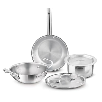 Image 1 of Default Title for the product BERGNER Bergner Tripro Triply Cookware Set 5 Pcs - 22cm (2.3L) Kadai with Lid, 22cm Frypan, 16cm (1.8L) Tope with Lid