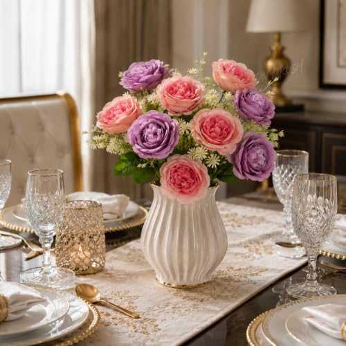 Image 7 of Divyakosh Artificial Flowers Bunch (Vase Not Included). Artificial Flower for Vase Flower Bouquet Gift Lavender & Coral Peach Peony Bouquet for Living Room Office Dining Table Centerpiece
