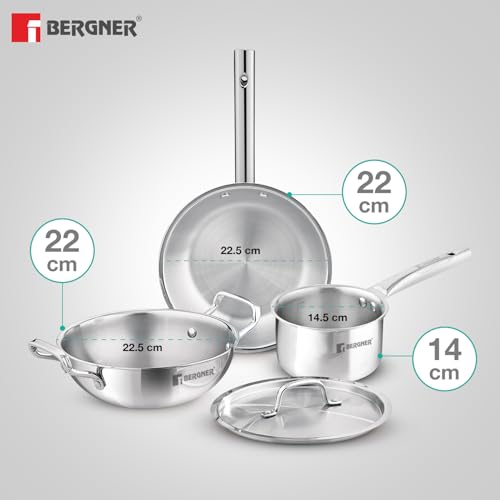 Image 4 of BERGNER TriPro 4 Pcs Tri-Ply Stainless Steel Induction Bottom Cookware Set - 22cm (2L) Kadai and 22cm (1L) Frypan with Common Stainless Steel Lid, 14cm (1L) Teapan
