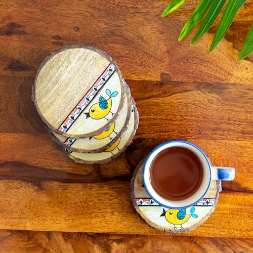 Image 1 of Default Title for the product ExclusiveLane Yellow Sparrows Handpainted Decorative Wooden Coasters Set of 4