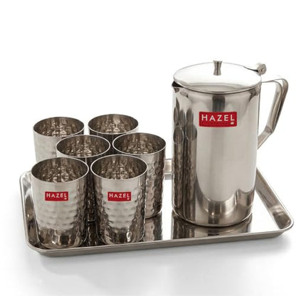 Image 2 of HAZEL Steel Jug with Hammered Glasses and Tray Combo of 8