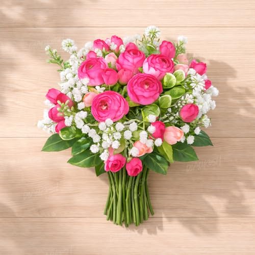 Image 5 of Divyakosh Artificial Peony Flower Bunch for Vase | Real Touch Faux Flowers with Gypsophila & Green Leaves | Decorative Fake Flowers for Home Living Room Bedroom Office Table Decor (VASE NOT Included)