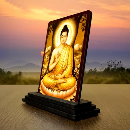 Image 3 of 4x5 Inch Buddha Wooden Idol with HD Print | Golden Glow Desk & Temple Decor