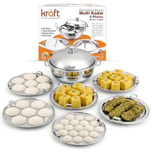 Image 1 of Default Title for the product Kraft Stainless Steel Multi Kadai/Idli Maker | 5 L, 28 cm, 6 Plates | 2 Idli, 2 Dhokla, 1 Patra & Mini Idli | Induction & Gas Compatible Momo/Modak Pot | 6 in 1 Multipurpose steamer for cooking
