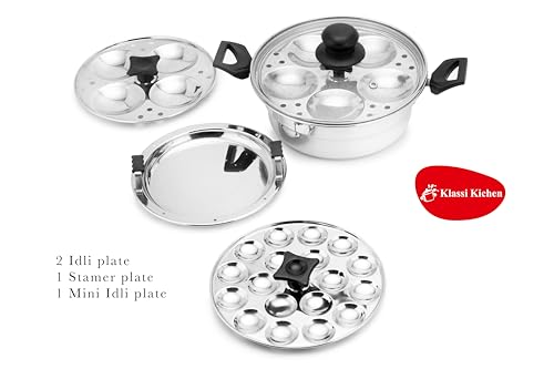 Image 5 of Klassi Kichen Stainless Steel Multi Steamer Pot with Glass Lid | Idli Maker with 4 Plates (9 Idlis Each) & Mini Idli Plate | 1.5L Steamer | Gas Stove & Induction Compatible Dhokla & Vegetable Steamer