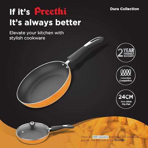 Image 2 of Preethi Dura Collection Non Stick Fry Pan, 24 cm, with Glass Lid, Gas & Induction Compatible, 5 Star Non Stick Effect, Turmeric Yellow