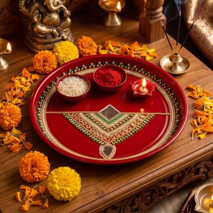 Image 7 of Red & Green With Pearl Necklace Motif for the product JH Gallery Pooja Thali Set