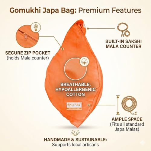 Image 4 of Cotton Bhagwa Gomukhi Japa Bag with Zip Pocket and Sakshi Mala Set