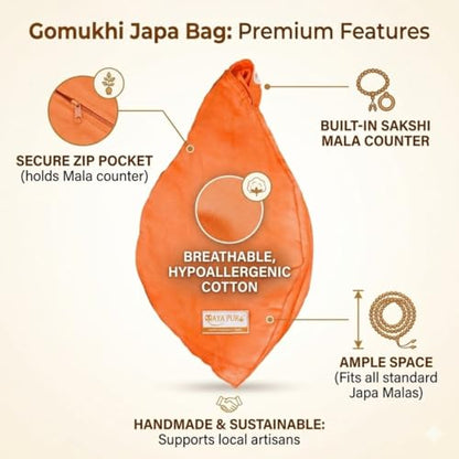 Image 4 of Cotton Bhagwa Gomukhi Japa Bag with Zip Pocket and Sakshi Mala Set
