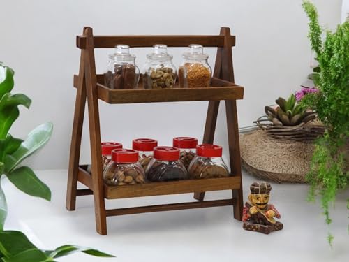 Image 6 of Vesta Homes Foldable Home and Kitchen Organizer Countertop Tiered Shelf Rack/Double Tray/Storage Shelves/Spice Shelf/Wooden Organizer for Office, Bedroom | 43 x 23 x 38 cms | Handcrafted in India