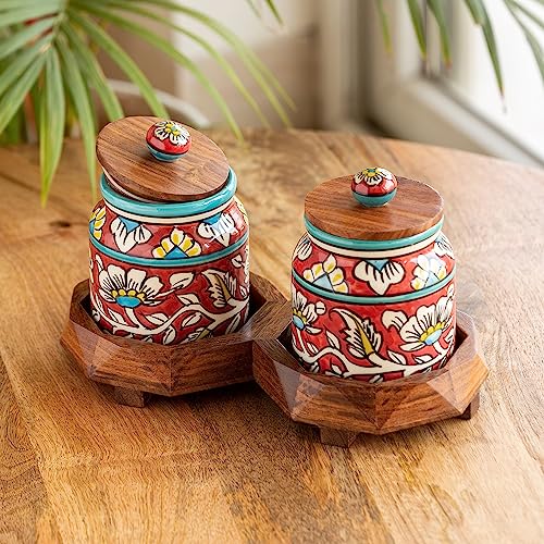 Image 3 of ExclusiveLane Mughal Floral Ceramic Containers with Lid & Tray Set of 2 440 ML